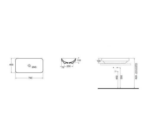 Раковина накладная Azzurra Elegance Soft 75x40x14 см без отв. ELLG075400S0BI