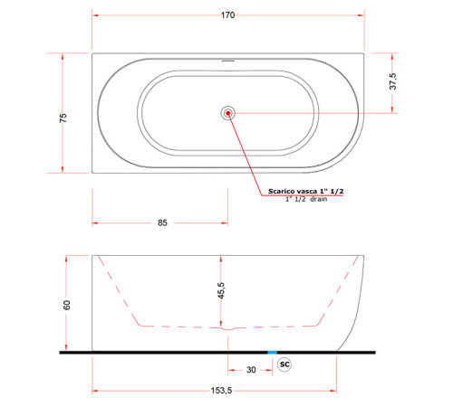 Ванна пристенная Treesse Cora 170x75 см акриловая левая белая V057BL00SX