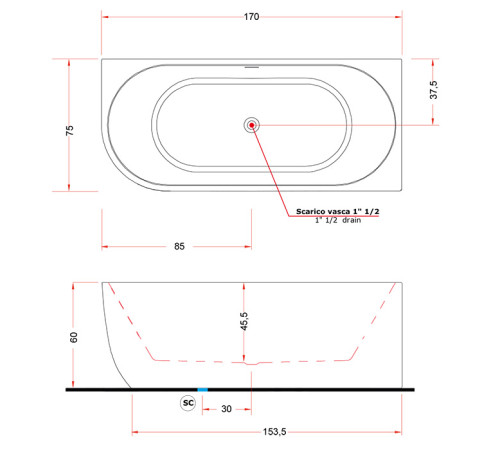 Ванна пристенная Treesse Cora 170x75 см акриловая правая белая V057BL00DX