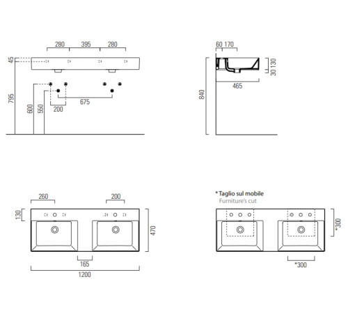 Раковина двойная накладная/подвесная GSI KUBE X 1200х470 мм белый глянцевый 9425111
