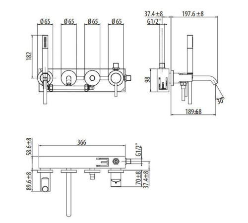 Смеситель для ванны Gattoni Circle Two встраиваемый на 4 отверстия с ручной лейкой белый матовый 9105/91BO