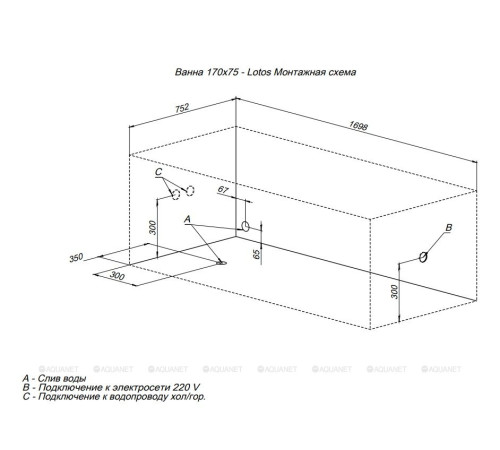 Акриловая ванна Aquanet Lotos 170x75 с каркасом и сливом-переливом 00311882