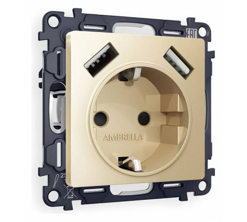 Розетка с заземлением и со шторкой и 2хUSB type A, без рамки Ambrella Volt Quant MA609010