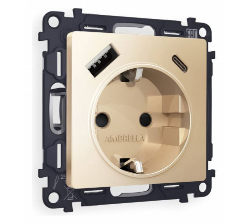Розетка с заземлением и 2хUSB type A и C, без рамки Ambrella Volt Quant MA610010
