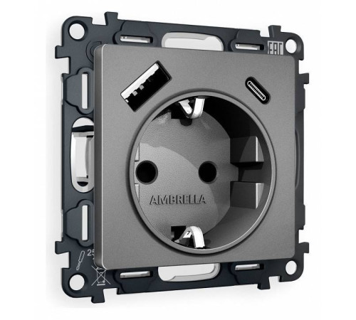 Розетка с заземлением и 2хUSB type A и C, без рамки Ambrella Volt Quant MA660010