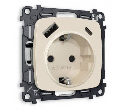 Розетка с заземлением и 2хUSB type A и C, без рамки Ambrella Volt Quant MO330010