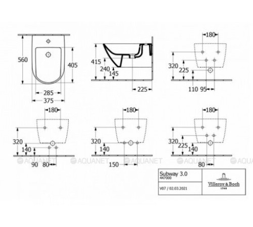 Биде подвесное Villeroy & Boch Subway 3.0 375x560 мм с донным клапаном 44700001