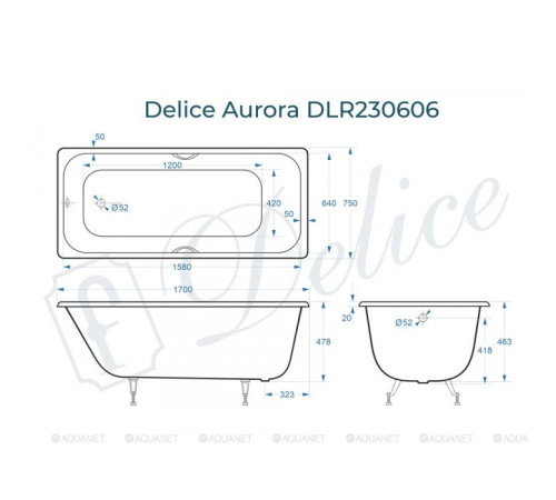 Ванна чугунная Delice Aurora 1700х750 мм DLR230606
