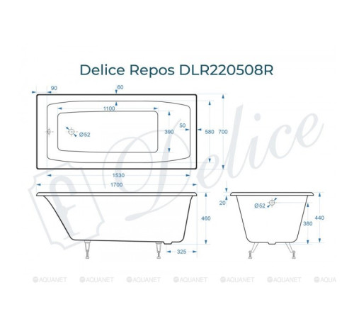 Ванна чугунная Delice Repos 1700х700 мм без ручек DLR220508