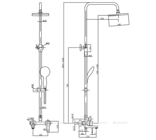 Душевая колонна Aquanet Passion S3 с верхним душем 200х200 мм и смесителем с изливом 00212275