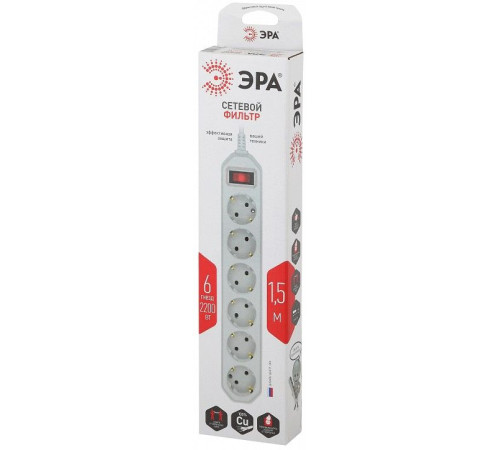 Удлинитель с выключателем Эра USF-6es-1,5m-W-BOX