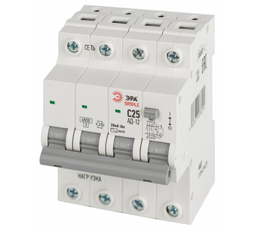 Дифференциальный автоматический выключатель электронный 3P+N Эра АД-12 D12E4C25AC30