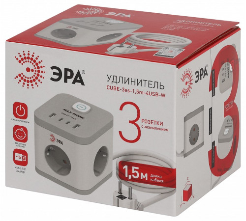 Удлинитель с выключателем Эра CUBE-3es-1,5m-4USB-W