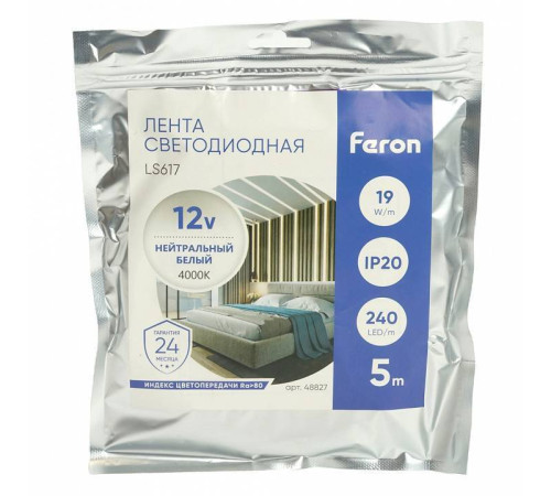 Лента светодиодная Feron LS617 9.6 Вт/м 12 В IP20 4000 К 5 м 48827