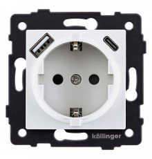 Розетка с заземлением и со шторкой и 2хUSB type A и C, без рамки Kollinger  REA-004WH