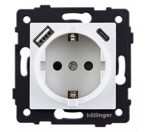 Розетка с заземлением и со шторкой и 2хUSB type A и C, без рамки Kollinger REA-004WH
