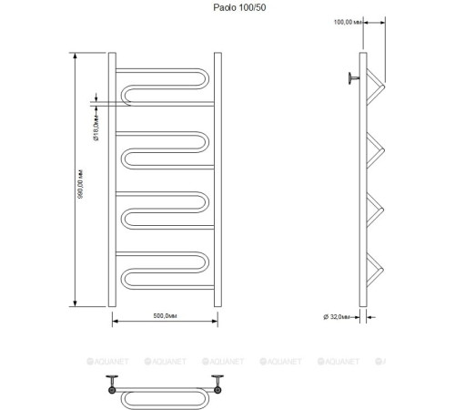 Полотенцесушитель водяной Aquanet Paolo 100х50 см 00266734