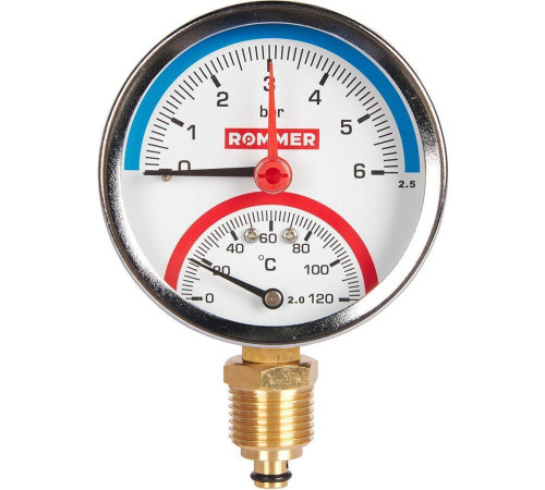 Термоманометр радиальный ROMMER 80 мм 1/2 6 бар с запорным клапаном RIM-0006-800615