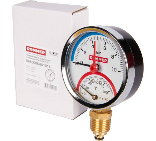 Термоманометр радиальный ROMMER 80 мм 1/2 10 бар с запорным клапаном RIM-0006-801015