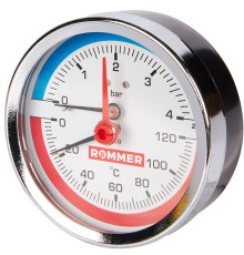 Термоманометр аксиальный ROMMER 80 мм 120 °C 4 бар с запорным клапаном 1/2 RIM-0005-800415