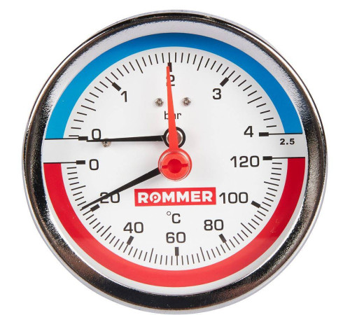 Термоманометр аксиальный ROMMER 80 мм 120 °C 4 бар с запорным клапаном 1/2 RIM-0005-800415