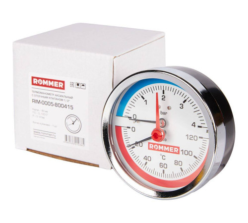 Термоманометр аксиальный ROMMER 80 мм 120 °C 4 бар с запорным клапаном 1/2 RIM-0005-800415