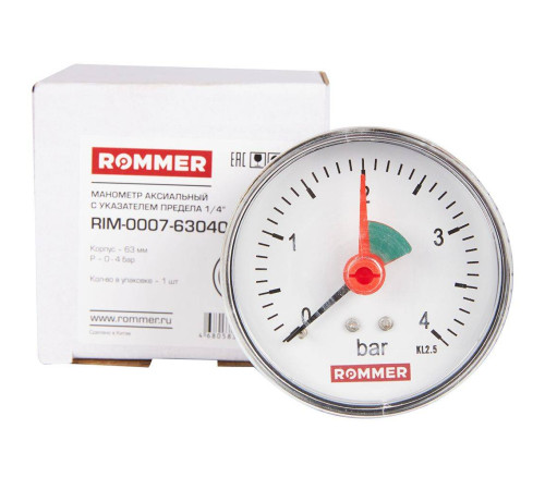 Манометр аксиальный ROMMER с указателем предела Ø63 мм 1/4 4 бар RIM-0007-630408