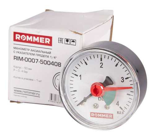 Манометр аксиальный ROMMER с указателем предела Ø50 мм 1/4 4 бар RIM-0007-500408