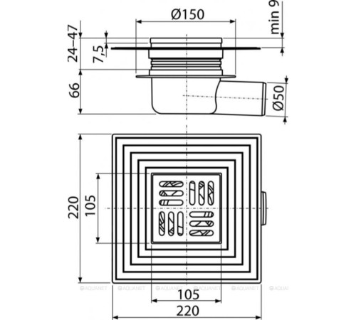 Трап сливной AlcaPlast 105x105/50 мм боковой выпуск решетка нерж. сталь APV26C