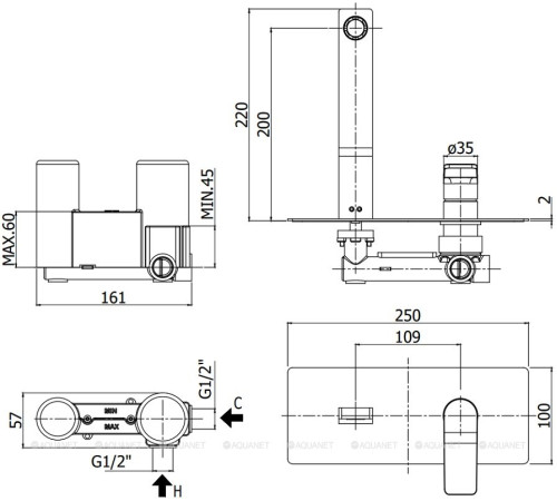 Смеситель для раковины встраиваемый Paffoni Tilt накладка 250x100 мм излив 200 мм steel looking TI105ST
