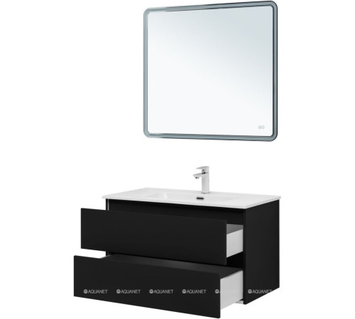 Тумба с раковиной Aquanet Вега 2.0 90 черная 2 ящика с раковиной Flat 00344763