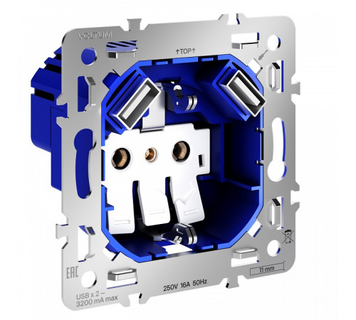 Механизм розетки с заземлением и со шторками и 2хUSB type A Voltum S70 VLS0404M