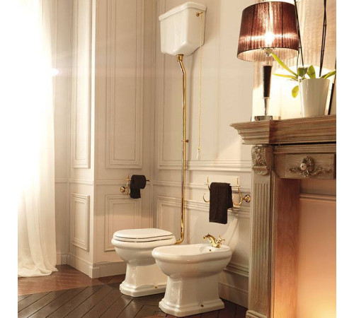 Унитаз напольный Kerasan Retro 72х38.5 см с высоким бачком слив в пол белый/золото 101001/754591/760391/108001/757391