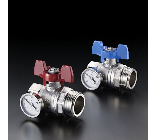 Кран шаровой Oventrop 3/4 ВР x 1 НР с термометром и красной ручкой-бабочкой 1406483