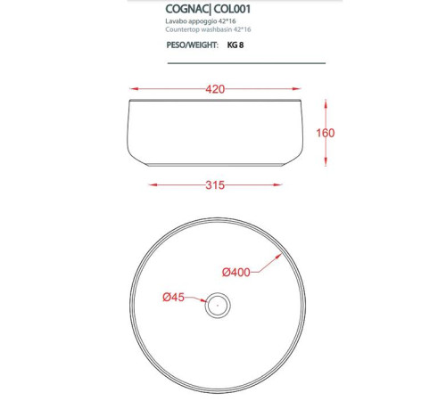 Раковина накладная Artceram Cognac 42 см белый / testa di moro COL001 01 65