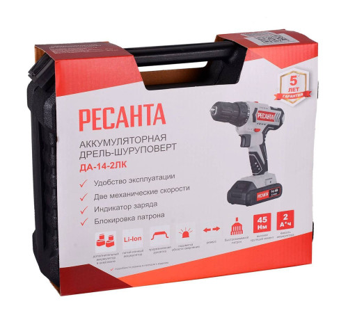 Аккумуляторная дрель-шуруповерт Ресанта ДА-14-2ЛК 14.4 В 2.0 Ач 72/14/24