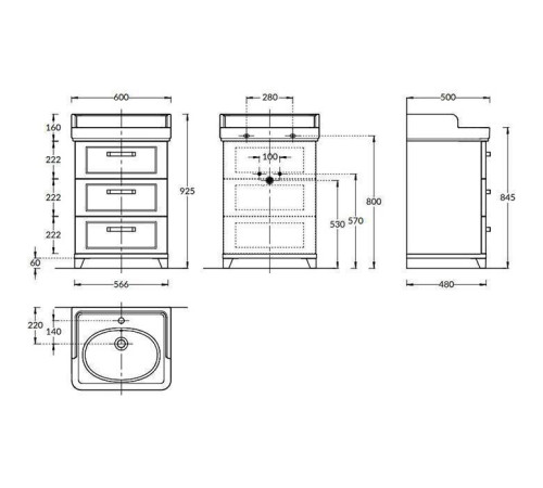 Тумба напольная Kerama Marazzi Pompei 60 см 3 ящика белый глянцевый PO.N.60.3\WHT