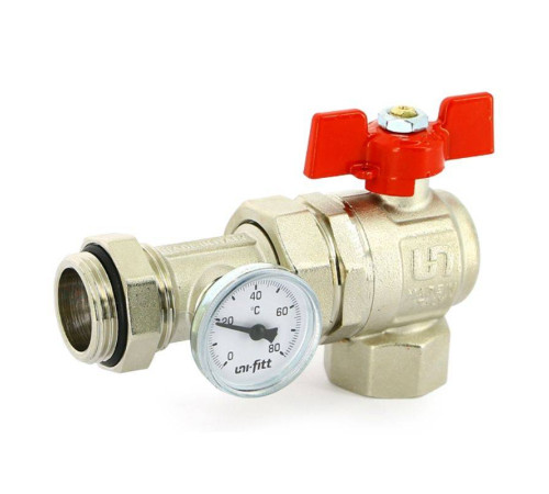 Кран шаровой угловой Uni-Fitt 1 НВ с разъемным соединением и термометром 138T4000