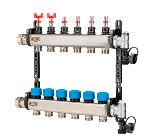 Коллектор из нержавеющей стали HENCO с расходомерами, воздухоотводчиком и дренажом 1 x 4 вых. 3/4 UFH-0605MDSS04