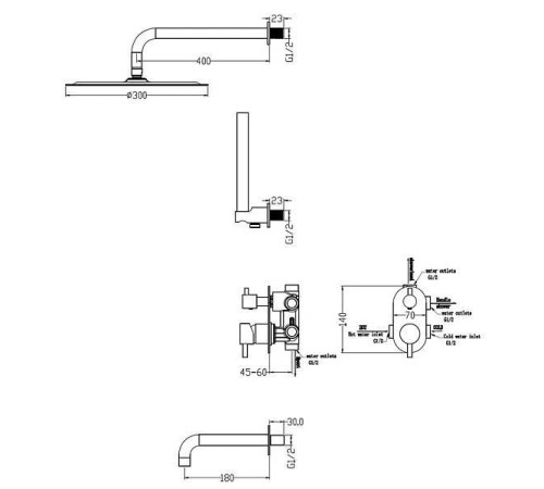Душевой комплект встраиваемый Boheme Uno верхний душ 30 см белый/золото 464-2-WG