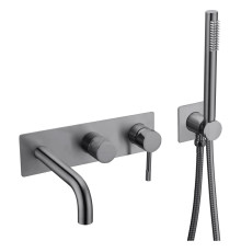 Смеситель для ванны Boheme Uno встраиваемый на 4 отверстия с ручным душем и изливом 17,9 см shine gun metal 464-3-SGM