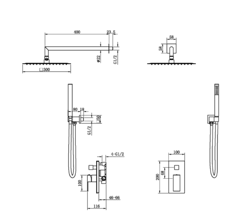 Душевой комплект встраиваемый Boheme Qubic со смесителем и верхним душем gun metal 474-3-GM