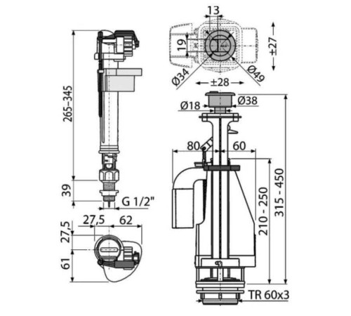 Выпускной комплект Alcaplast Aquatic с двойной кнопкой и впускным механизмом A17 1/2 хром SA08AS 1/2