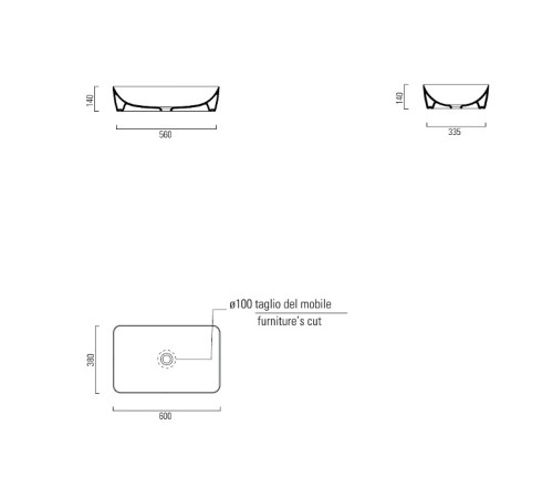 Раковина накладная GSI NUBES 600 х 380 мм без отверстия под смеситель черный матовый Ardesia 903626