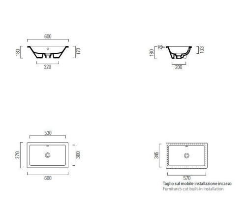Раковина встраиваемая сверху GSI KUBE X 600x370 мм без отверстия под смеситель белая глянцевая 895311