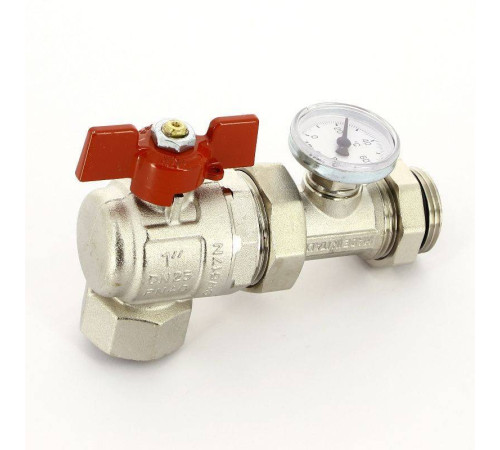 Кран шаровой угловой Uni-Fitt 1 НВ с разъемным соединением и термометром 138T4000