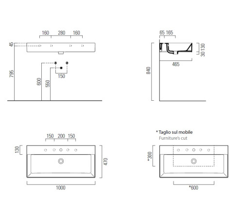Раковина накладная/подвесная GSI KUBE X 1000х470 мм с 1 отверстием под смеситель с переливом белая глянцевая 9423111
