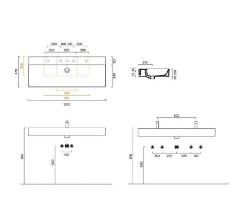 Раковина Catalano Premium 120x47 см без отверстий белый матовый 0221200021