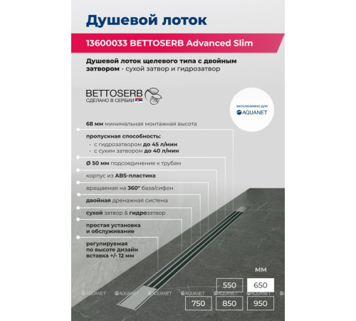Душевой лоток Bettoserb Advanced Slim 650 мм 13600033