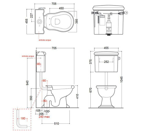 Унитаз приставной Kerasan Retro 72х38.5 см с низким бачком слив в пол белый/золото 751391/101001/760391/108201/757191